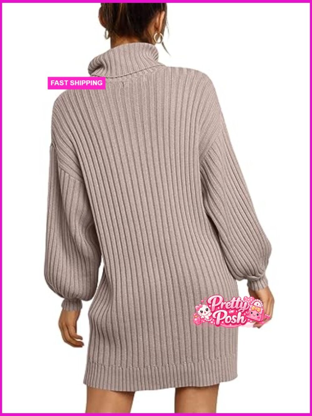 Oversized Sweater Dress Turtleneck Batwing Long Sleeve Ribbed Knit Loose Short - Picture 4 of 7